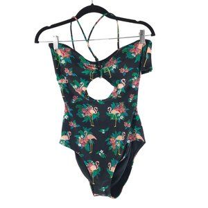 Kirra One Piece Swimsuit Cutout Removable Cups Halter Flamingos Black XL